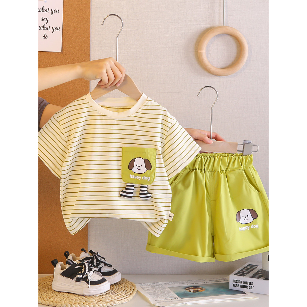 Meninos verão estilo ocidental dos desenhos animados listrado Shorts de manga curta terno bebê verão moda crianças roupa
