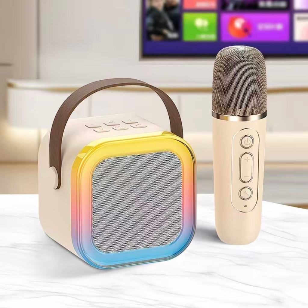 Mini Karaokê Portátil Caixa de Som com Microfone Sem Fio Bluetooth Luz LED RGB para Crianças