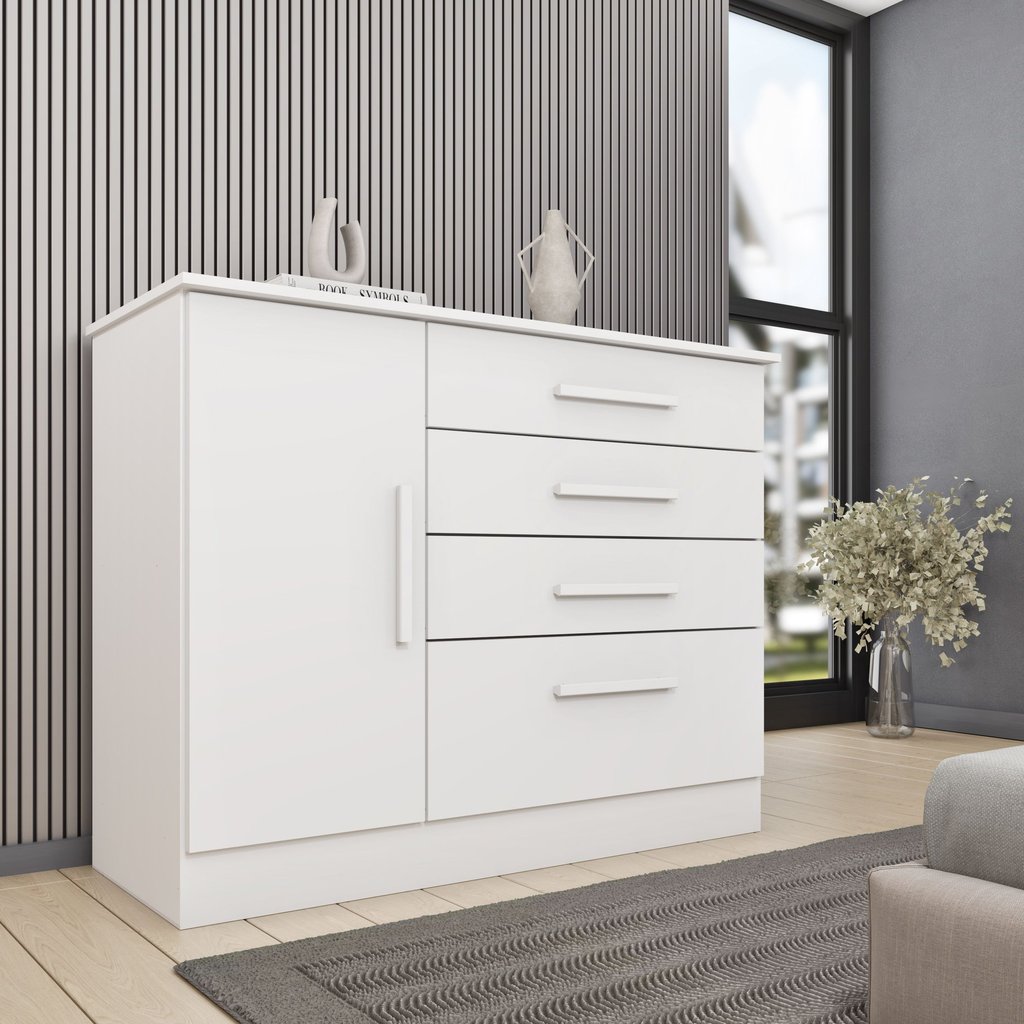 Cômoda 1 Porta 4 Gavetas 104cm Chicago Branco/Neve Neve