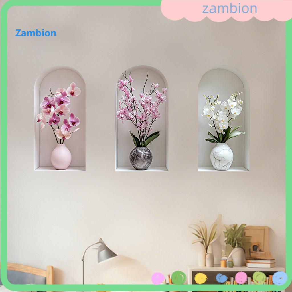 Waterproof Wall Decal Room Decor 3pcs 3d Flower Stickers Realistic Potted Plant Decals Greenery Vase Art for Bedroom Gue