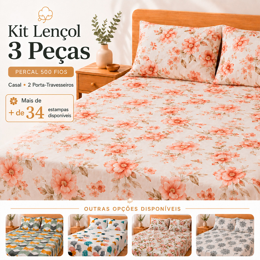 Kit Lençol 3 Pçs Percal 500 Fios Casal Toque de Algodão 2 Porta Travesseiro