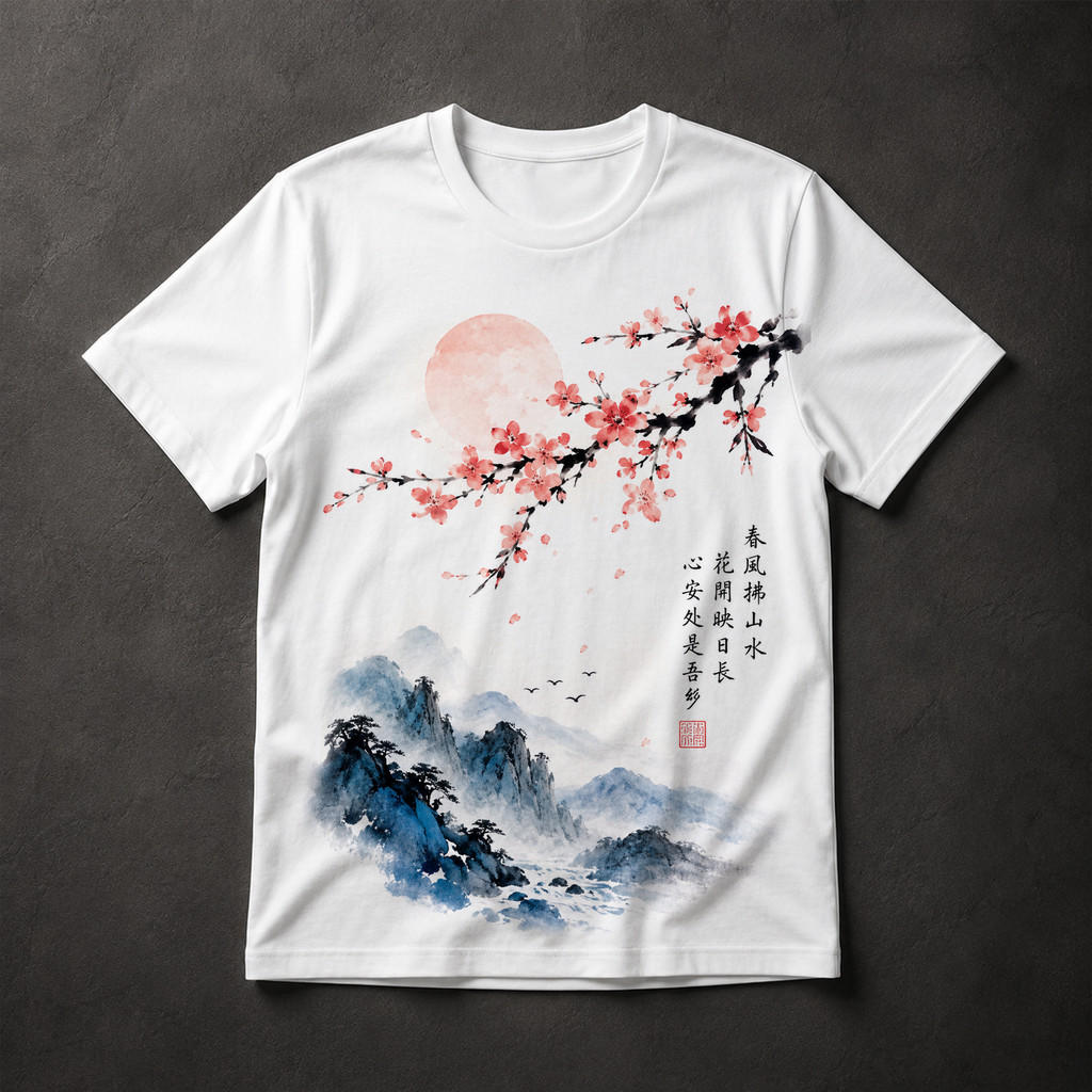 Camiseta Masculina Cerejeira Japonesa Aquarela Paisagem Oriental Flor de Sakura Arte Asiática
