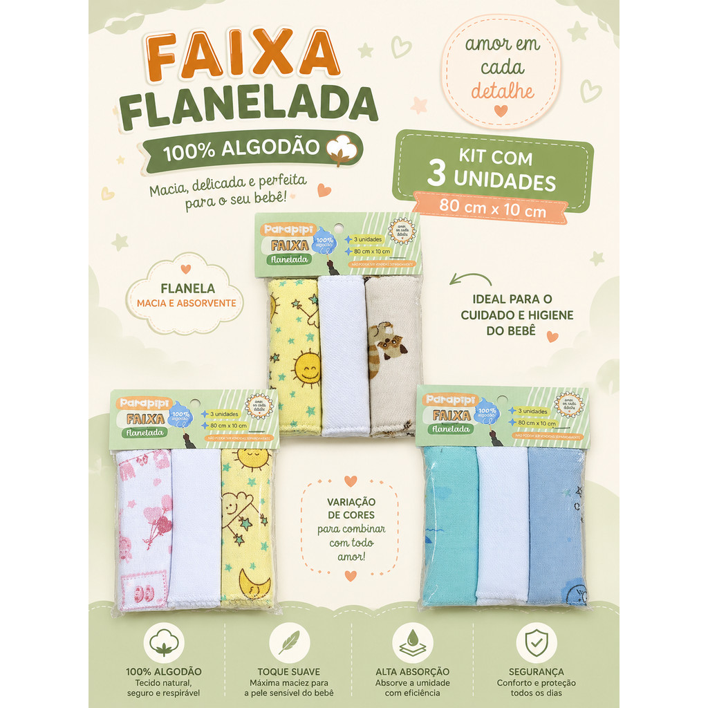 Faixa Umbilical para bebê com 3 unidades 100% Algodão flanelado (faixa de umbigo) Parapipi menino, menina ou neutro.