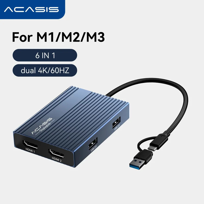 Acasis USB-C Para HDMI Displaylink Hub Dual-display 4K/60HZ Macbook M1/M2/M3 Modo ABC USB2.0 * 3 Teclado Mouse Dock