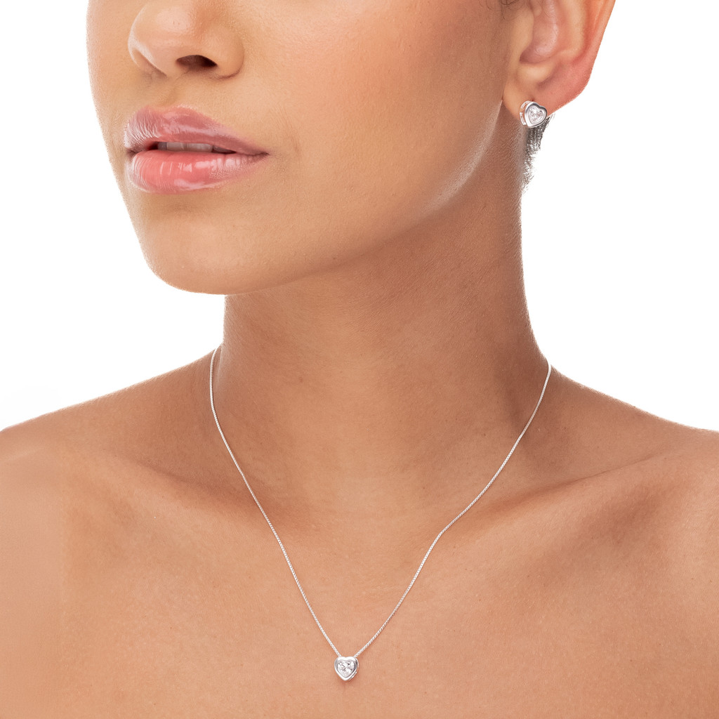 Conjunto Colar e Brinco Feminino Elegante Banhado a Prata 925 Ponto de Luz Zircônia Coração