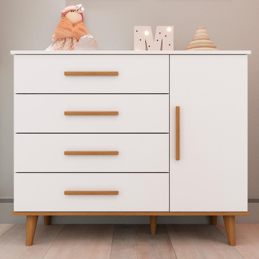 Cômoda Infantil Retrô 4 Gavetas com Porta Fraldário Pés Palito Ludmila MDF Branca em Oferta na Shopee