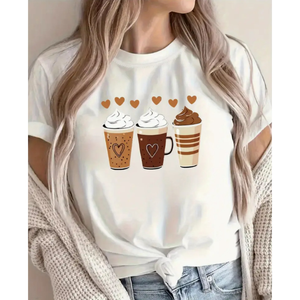 Bonito Camiseta Feminina Exclusiva Com Estampa De Xícara De Café, Camiseta Casual De Algodão Macia E Confortável