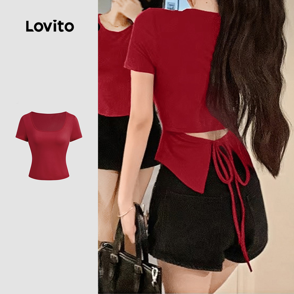 Lovito Camisa Casual de Algodão com Cadarço e Laço para Primavera/verão Vermelha para mulheres L151AD291