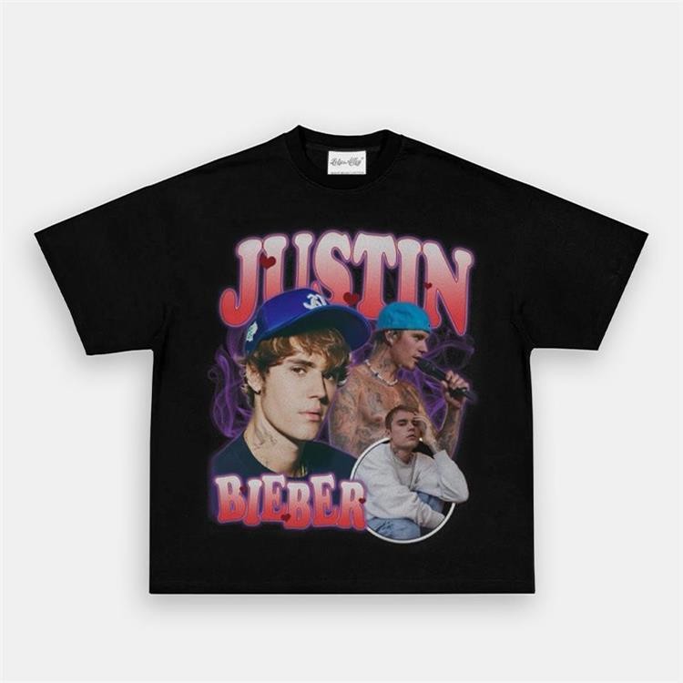 Camiseta Unisex, Design com Imagens de Justin Bieber e Texto "JUSTIN BIEBER", Moda Urbana
