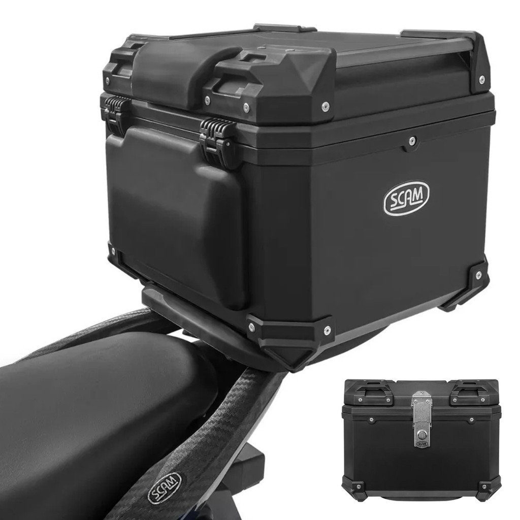 Bau Bauleto Traseiro Moto Universal Top Case Economy Original Scam Preto 42 Litros C Forro e Encosto