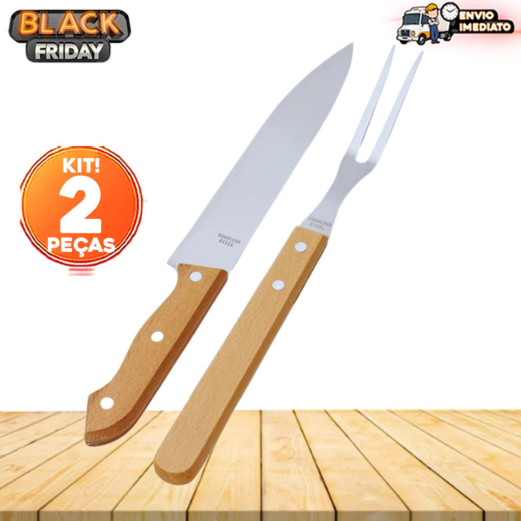 Kit Churrasco Jogo 2 Peças Cabo de Madeira e Aço Inox Churrascarias Restaurantes em Oferta na Shopee