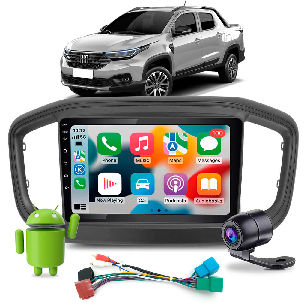 Kit Multimídia Android Quadcore 2Gb + 32Gb Carplay Android Auto Strada 2021 a 2026 Plug and Play