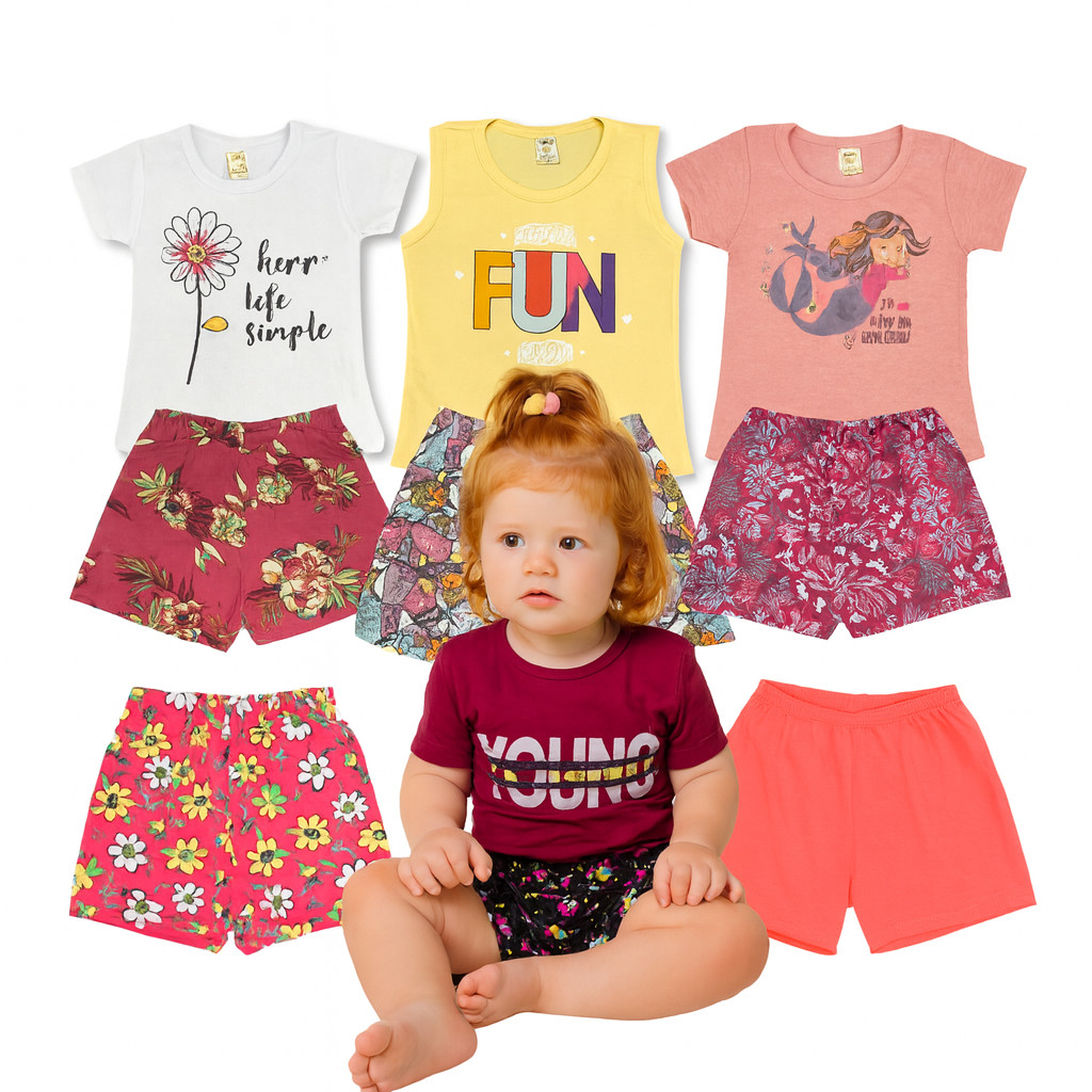 Kit Sortido 6 Peças de Roupas Infantil Menina 3 Camisetas e 3 Bermudas Kit 3 Conjuntos Infantil Menina Verão Bebê