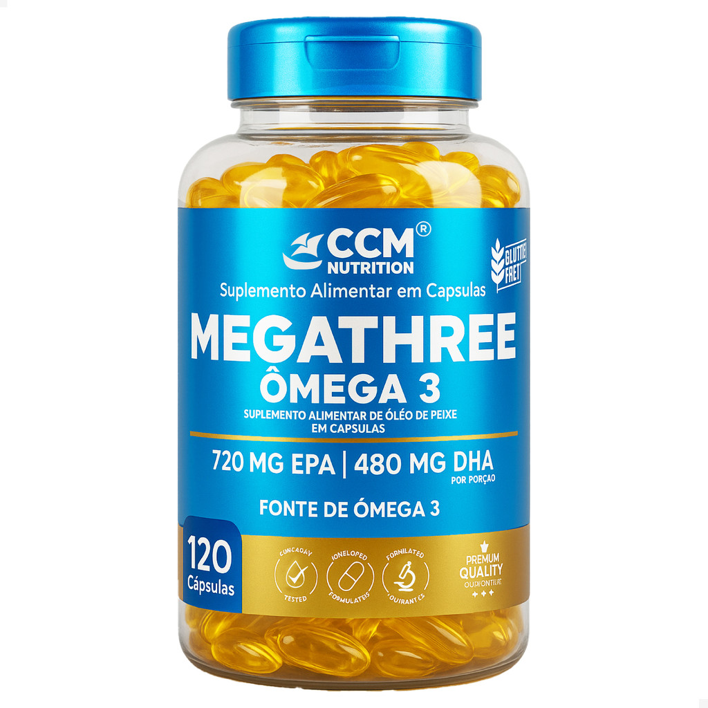 MEGATHREE ÔMEGA 3 CIRCULAÇÃO CORAÇÃO SAÚDE CONCENTRAÇÃO MEMÓRIA EPA DHA SEM LACTOSE E GLUTEN
