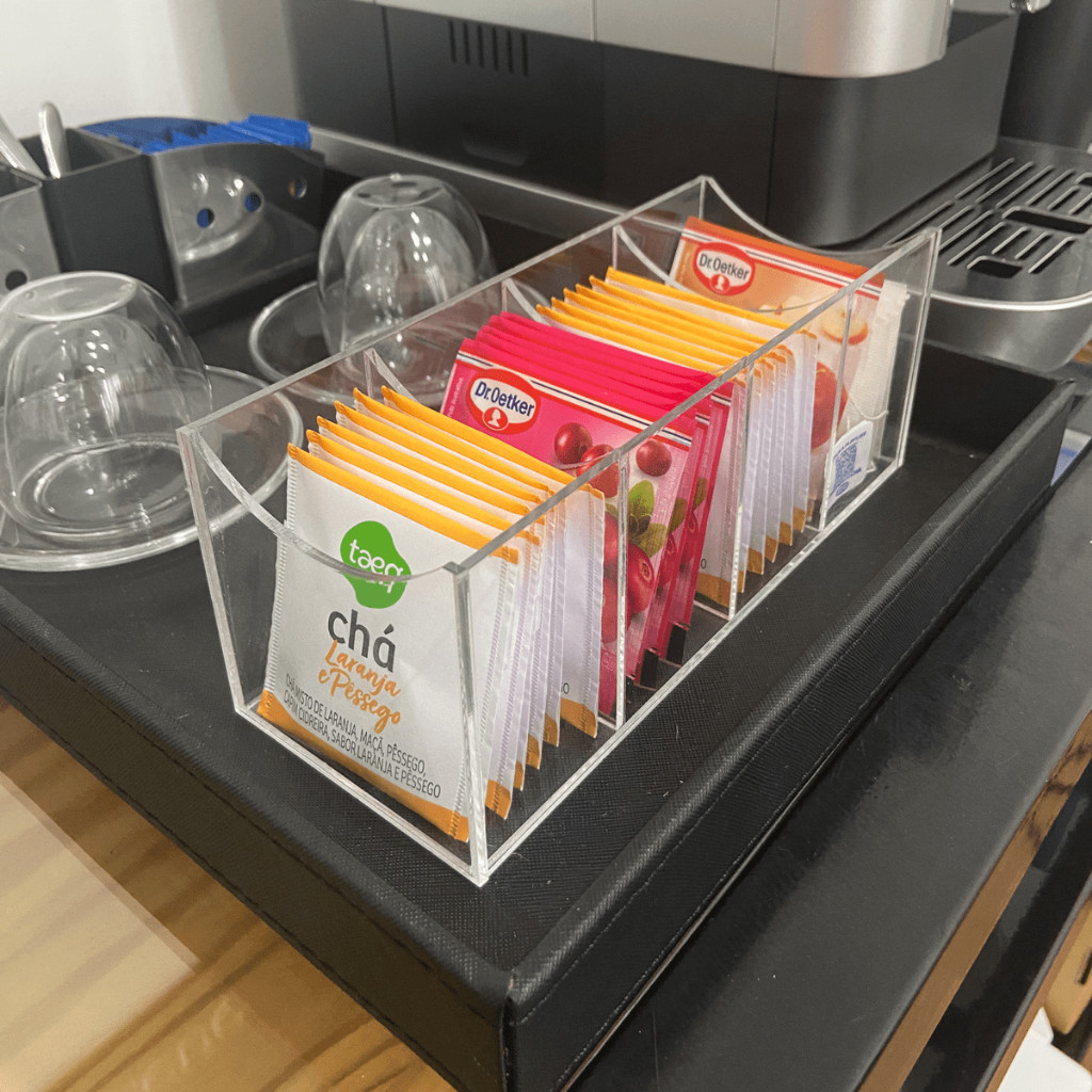 Porta Chá 4 Divisórias Porta Sachê Sem Tampa em Acrílico Transparente Luxo