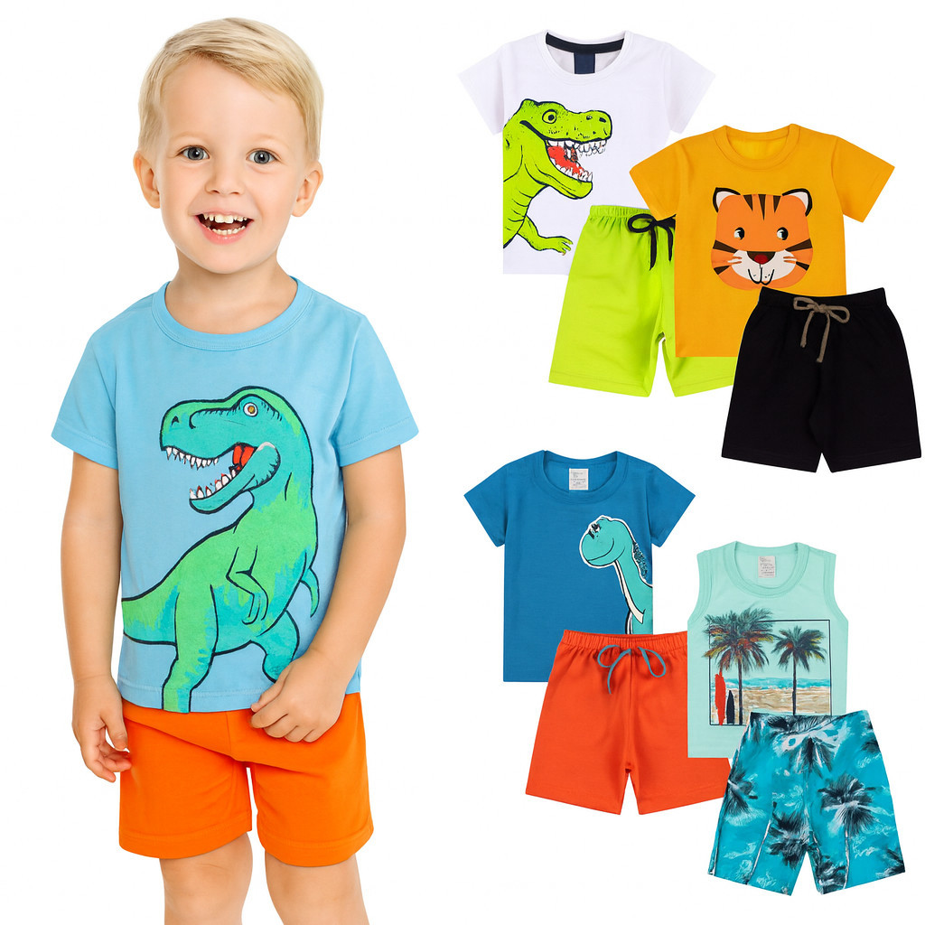 Kit Sortido 6 Peças de Roupas Infantil Menino - Kit 3 Camisetas + 3 Bermudas - 3 Conjuntos de Verão Infantil Menino