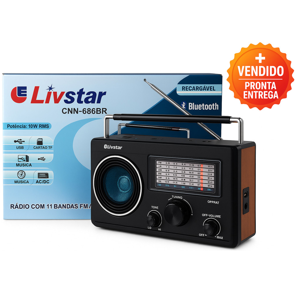 Rádio Portátil Retrô Antigo Bluetooth Recarregável 11 Bandas FM AM SW USB TF Som 10W RMS