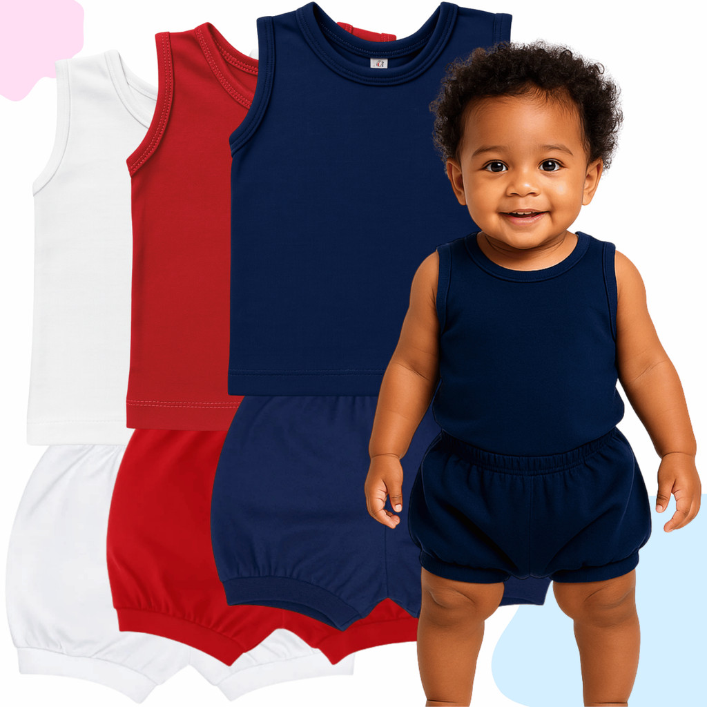 Kit 6, Pçs Infantil Bebê Regata Camiseta Short Tapa Fralda Bermuda Liso Estampado Pijama Menino Menina Verão