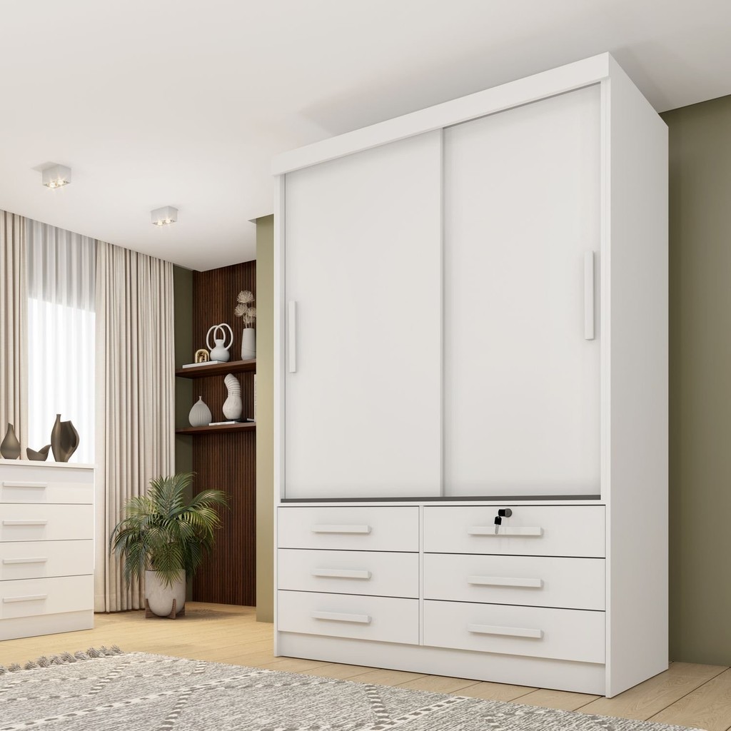 Guarda Roupa Solteiro 2 Portas 6 Gavetas 133cm Chicago   Neve em Oferta na Shopee