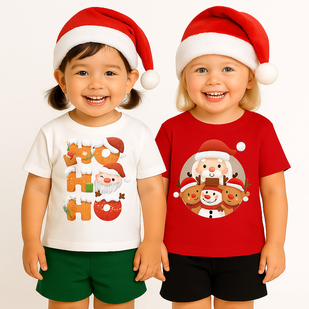Kit 2 Conjuntos de Natal Menina Infantil - Conjunto de Papai Noel Feminino -Camiseta Vermelha e Branca de Natal Infantil