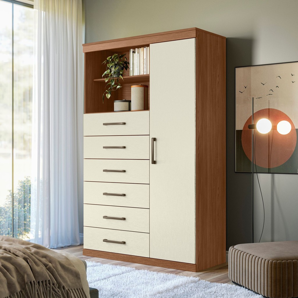 Multi-Cômoda 1 Porta 6 Gavetas Marabá Jatoba/Areia em Oferta na Shopee