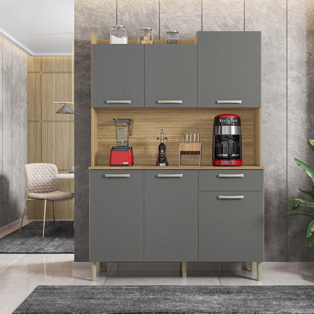 Armário de Cozinha 6 Portas 1 Gaveta Kit Gênova  Freijó/Gris