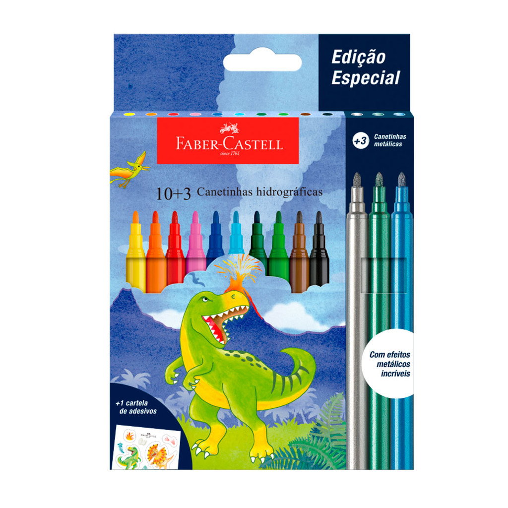 Caneta hidrográfica Dinossauro 10 cores + 3 metálicos 555410 Faber-Castell em Oferta na Shopee