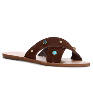 Rasteira Anacapri Tiras Cruzadas Pedrarias Marrom Escuro - Feminino em Oferta na Shopee