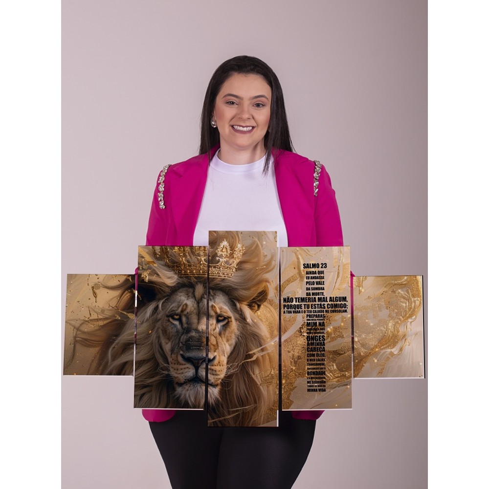 Quadro Decorativo Salmo 23 Leão Coroado 5 Peças Sala Quarto Escritório Moderno Luxo Parede