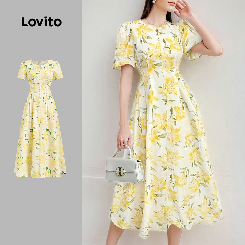 Lovito Vestido Amarelo Romântico Com Botões Florais Para Primavera/verão Para Mulheres L134ED401 em Oferta na Shopee