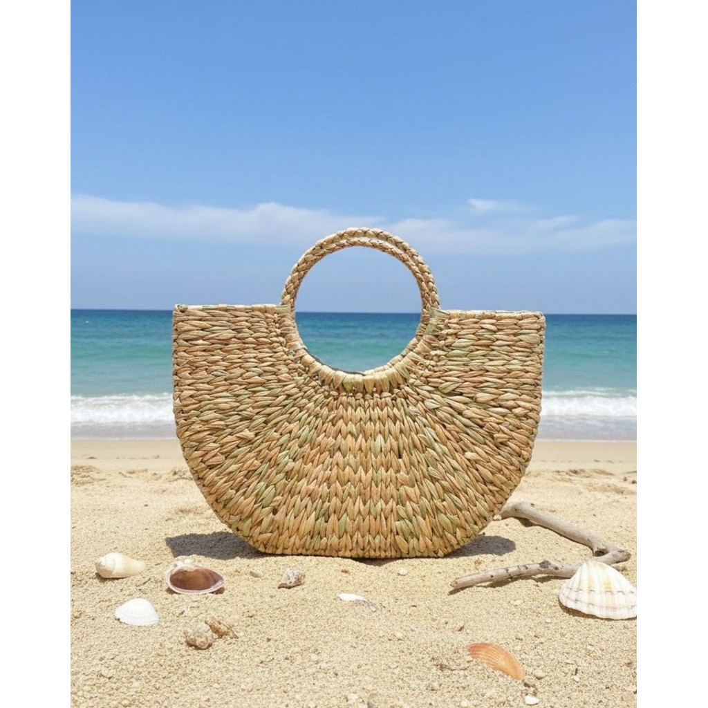 Bolsa de praia feminina de mão argola palha grande meia lua em Oferta na Shopee