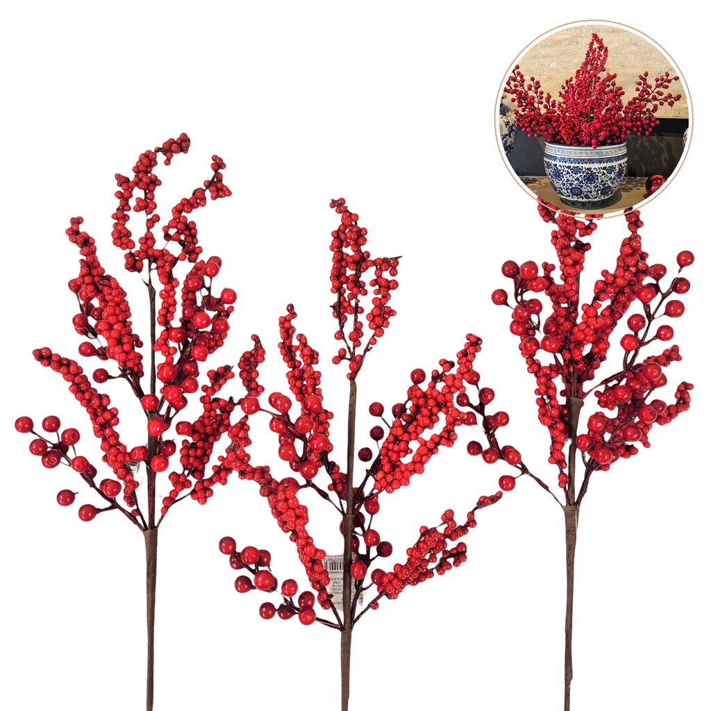 Kit 3 Folhagem De Natal Berries Cereja Enfeite De Natal 69cm