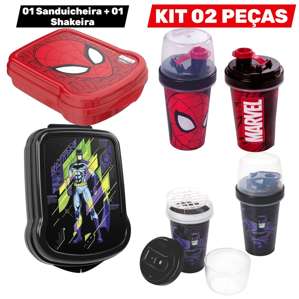 Garrafa Squeeze Shakeira + Sanduicheira de Plástico kit Infantil , Batman Homem Aranha Lanche kids