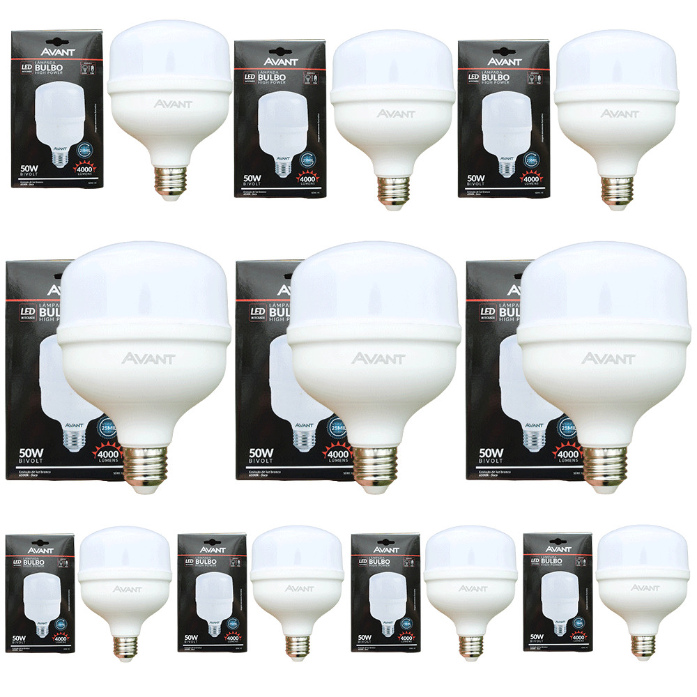 Kit 10 Lâmpadas LED Avant 50W High Power 4000lm Luz Branca 6500K Bivolt Base E27 Alta Iluminação