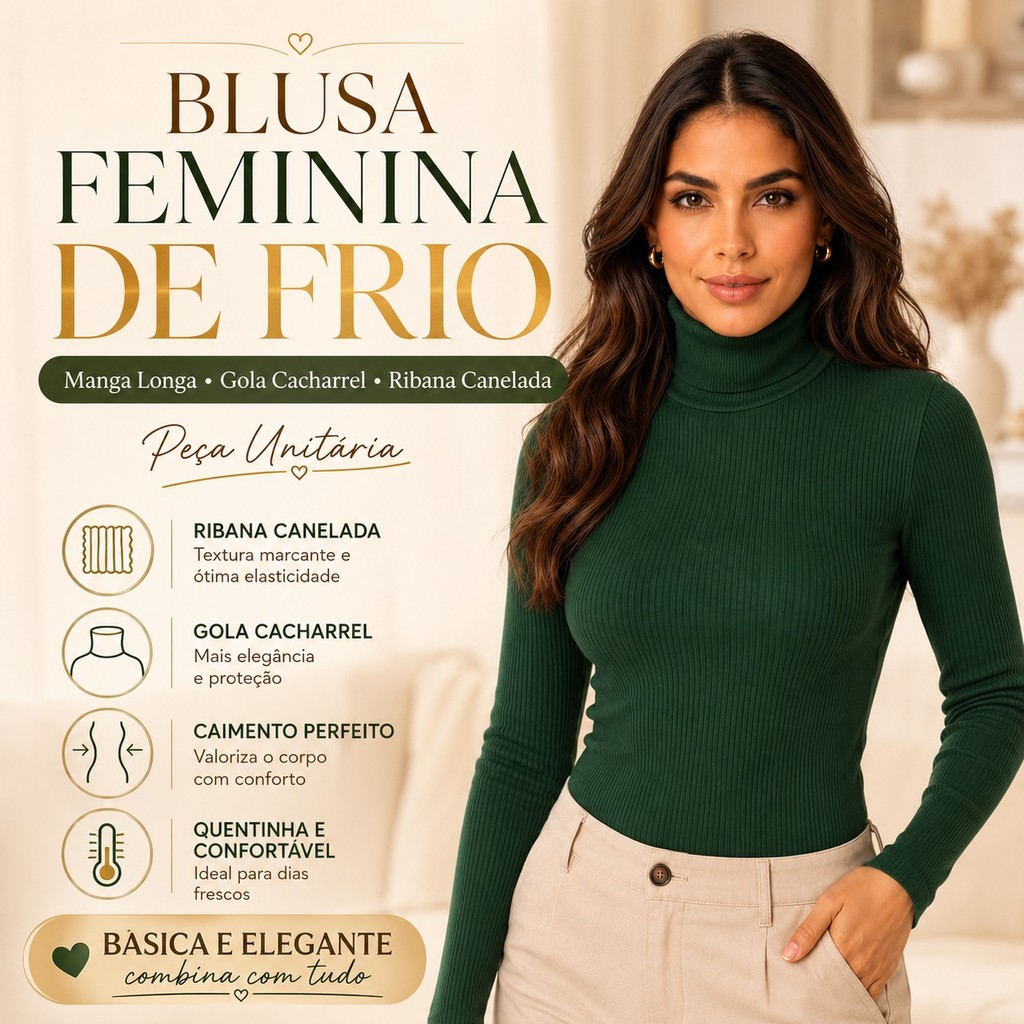 Blusa Feminina Frio Manga Longa Gola Cacharrel Ribana Canelada Inverno P ao GG Gola Alta