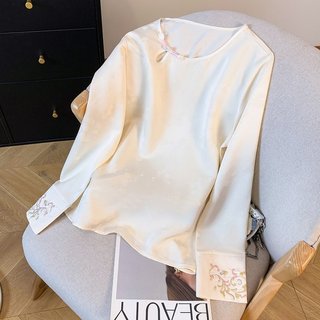 Jinshang Qianyu & 2609 primavera novo estilo acetato cetim camisa de fundo manga longa novo estilo chinês camisa pequena