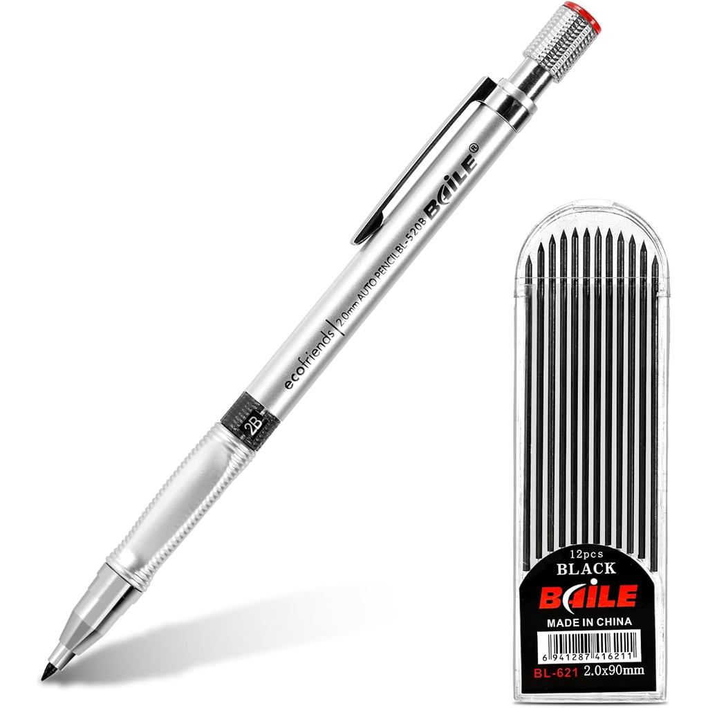 Conjunto de Lápis Mecânico, Lápis de 2 mm com 1 Tubo de Minas HB (12 Peças), Lápis de Mina Grossa, Lápis de Metal, Lápis