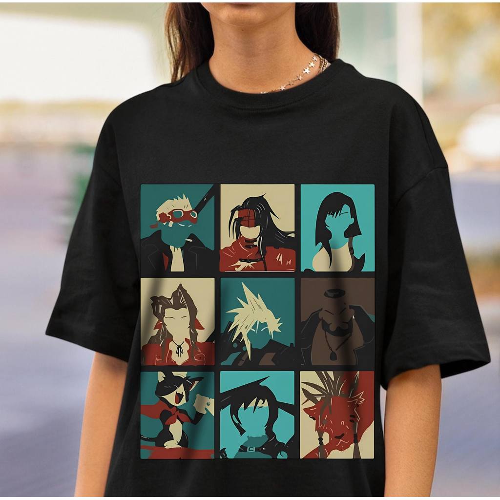 Camiseta Masculina Feminina Final Fantasy VII Silhuetas Nove Personagens Tons Pastéis Premium Algodão