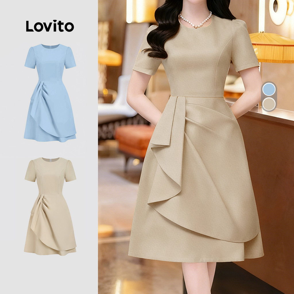 Lovito Elegante Vestido Assimétrico Pregueado Primavera/verão Vestido Caqui para Mulheres L165ED1546