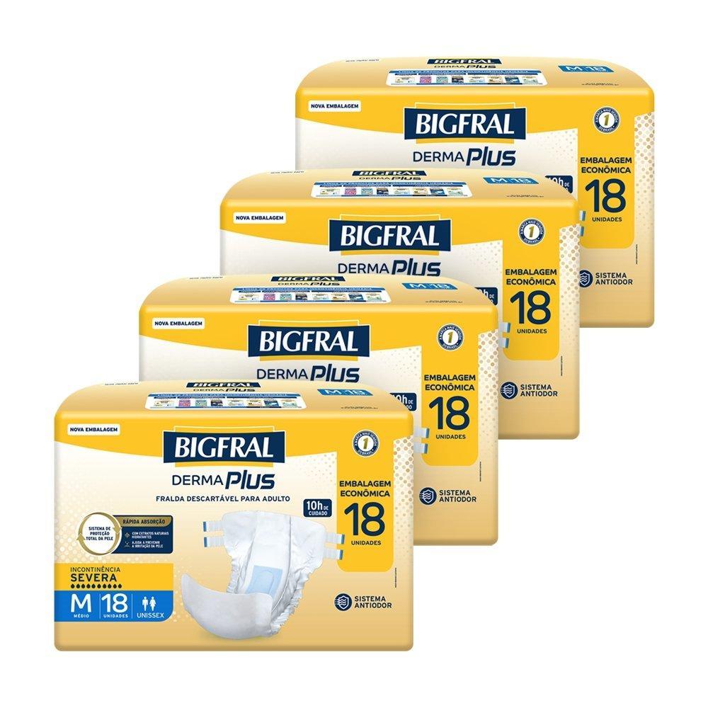 Fralda Geriátrica Bigfral Derma Plus Tamanho M - 4 Pacotes com 18 Fraldas - Total 72 Tiras