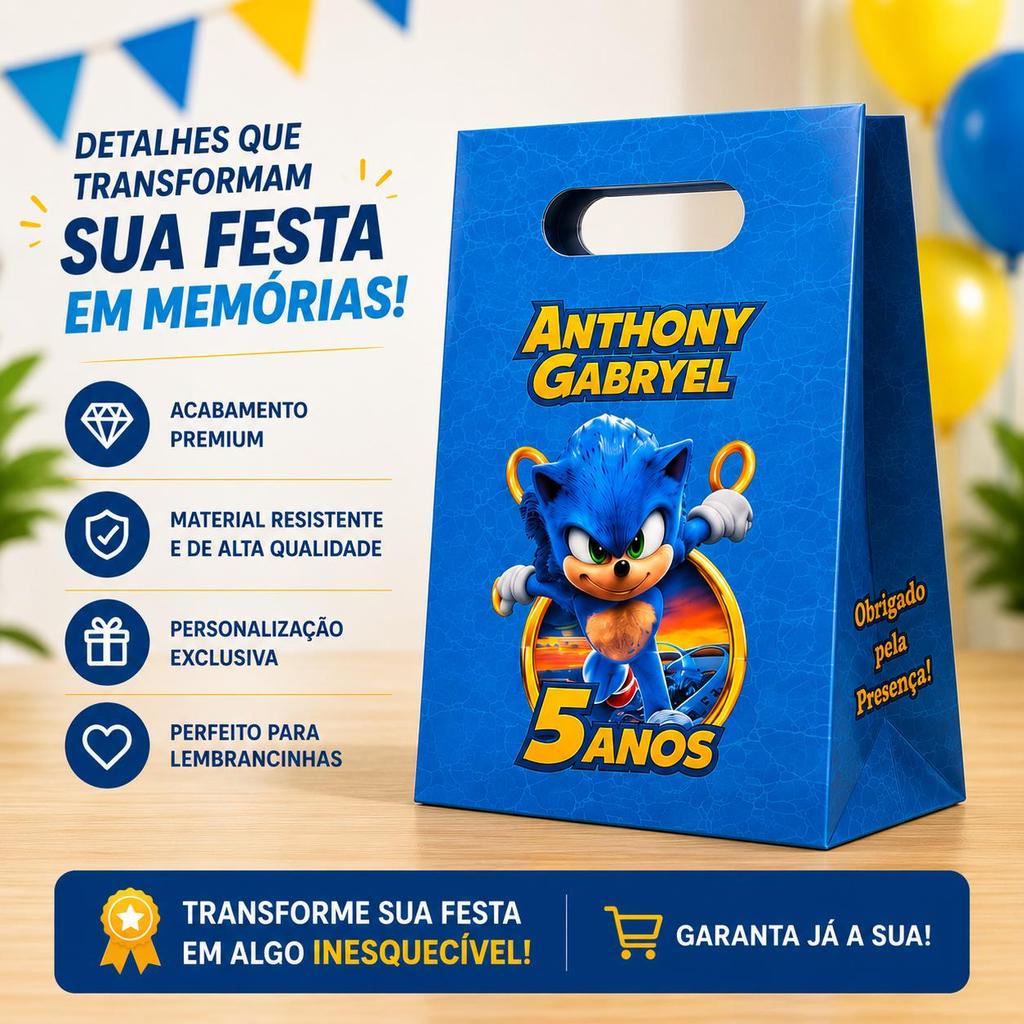 10 Sacolinhas Personalizadas Sonic Infantil 20x15cm | Lembrancinha Festa Aniversário Qualquer Tema
