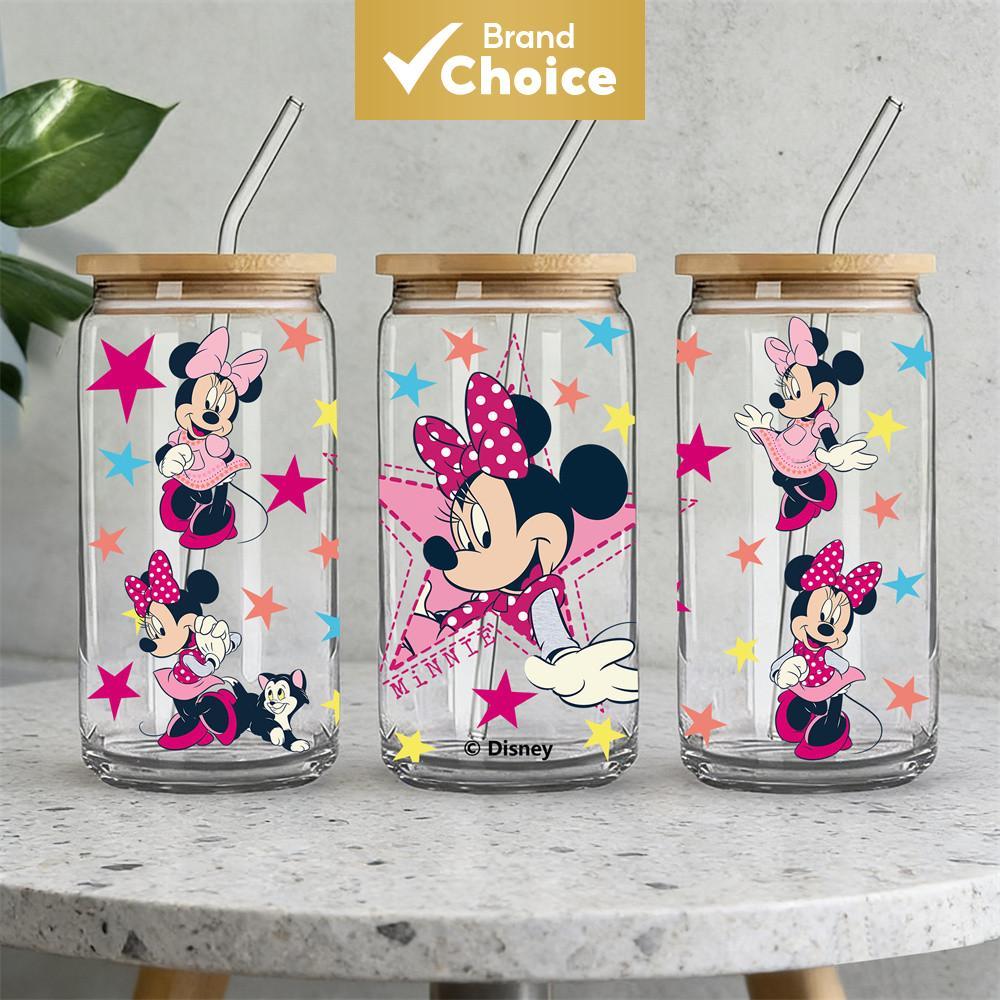1 unidade de copo de vidro Disney Minnie Mouse com desenho animado, copo com canudo de tampa de bambu, ideal para uso em