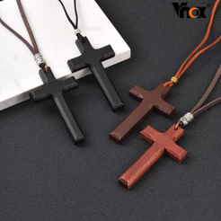 Colar Com Pingente De Cruz De Madeira Vnox Para Homens E Mulheres , Corrente De Corda De Couro Hipoalergênico , Amuleto