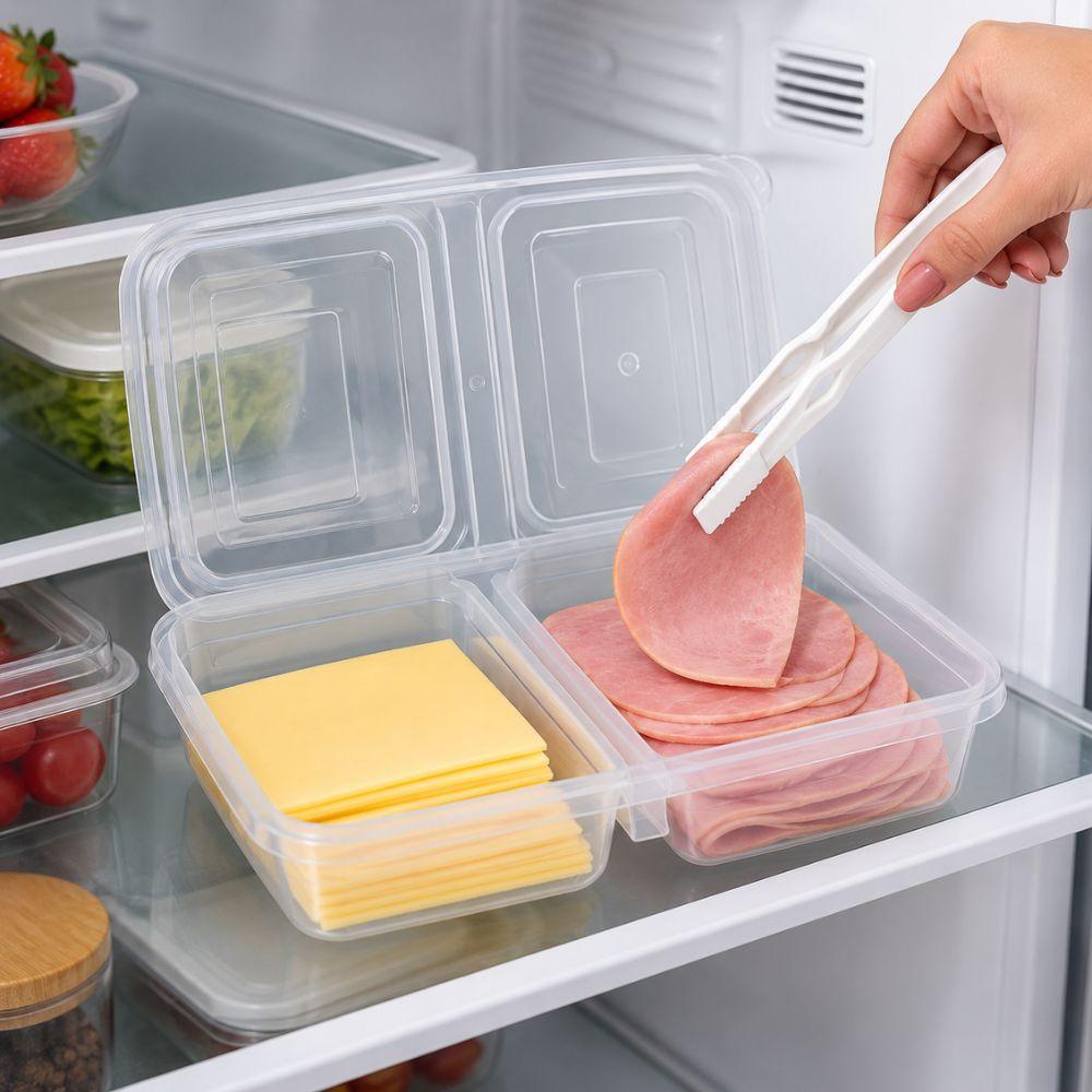 PORTA FRIOS 3 PEÇAS DUPLO COM PINCA HIGIENICA ORGANIZADOR 2 DIVISORIAS GELADEIRA TAMPA TRANSPARENTE EMBUTIDOS ALIMENTOS