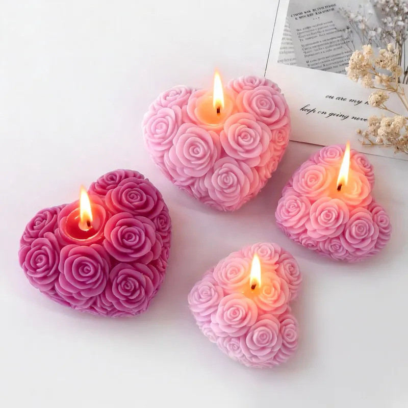 DIY Rosa Flores Em Forma De Coração Molde De Silicone Artesanal Perfumado Vela Gesso Resina Cola Epoxy Sabão Fazendo Sup