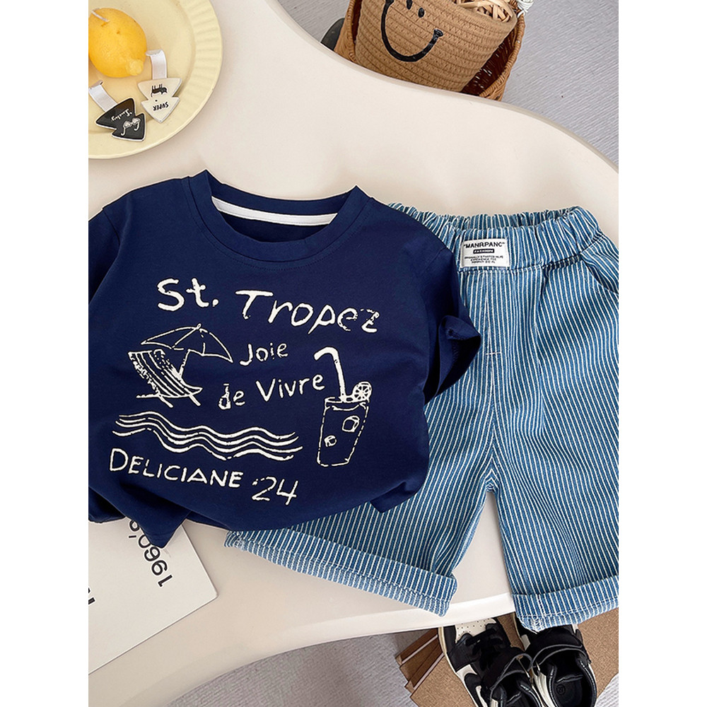Versão coreana crianças verão terno de manga curta meninos carta impressa camiseta listrado Shorts terno de duas peças m