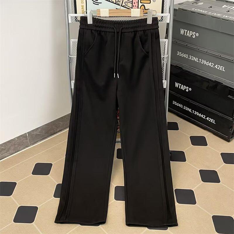 Calça de moletom masculina pesada de perna larga, calça esportiva plissada para primavera e rua alta preta com esfregão 
