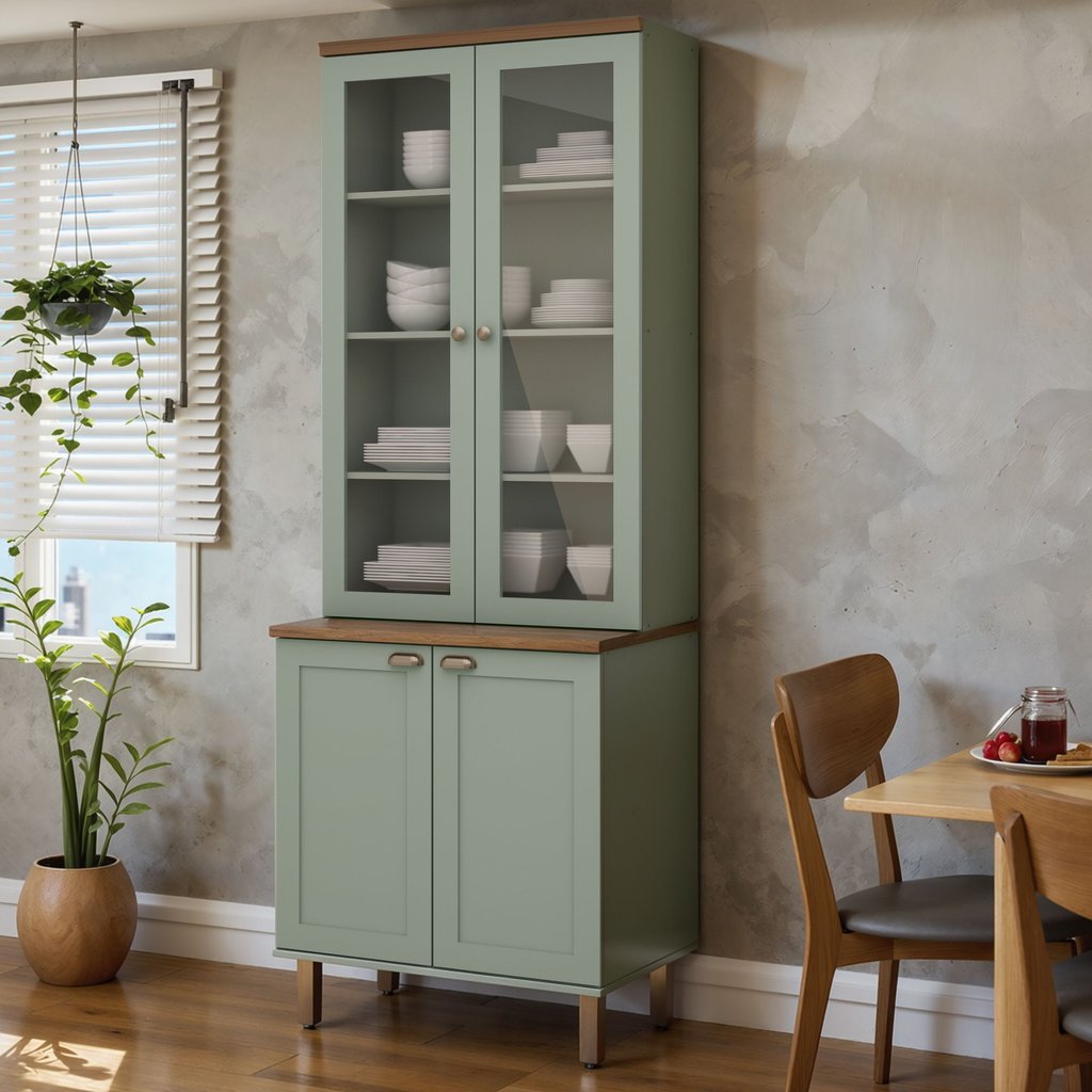 Armário Cristaleira com 2 Portas de Vidro e Balcão com 2 Portas Provençal 100% MDF Verde/Mint/Ébano Verde