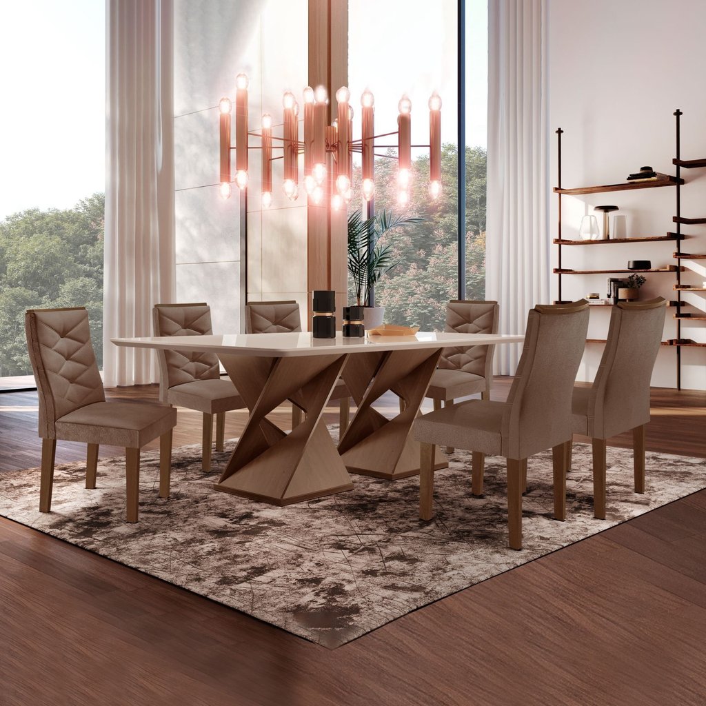 Conjunto Mesa com Vidro e 6 Cadeiras 170cmx90cm Barcelona Yescasa Chocolate/Off White/Suede Animale