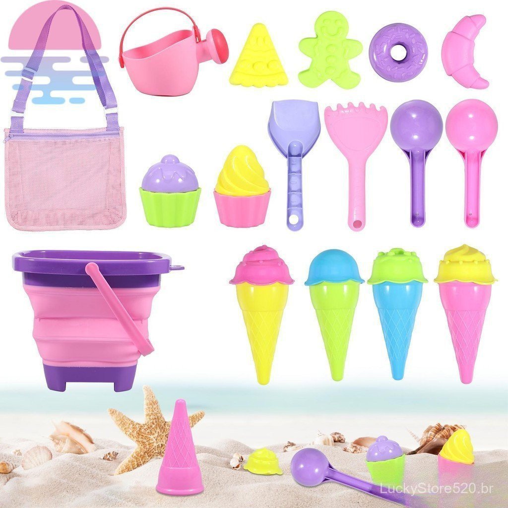 Conjunto de Brinquedos de Areia para Praia Infantil, Balde de Silicone Dobrável com Bolsa de Malha Portátil, Brinquedo D
